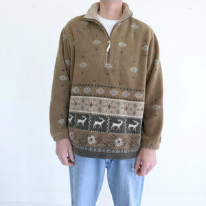Woolrich Brown And Tan Reindeer Snowflake Fleece Hack Zip Pullover Sweater Large